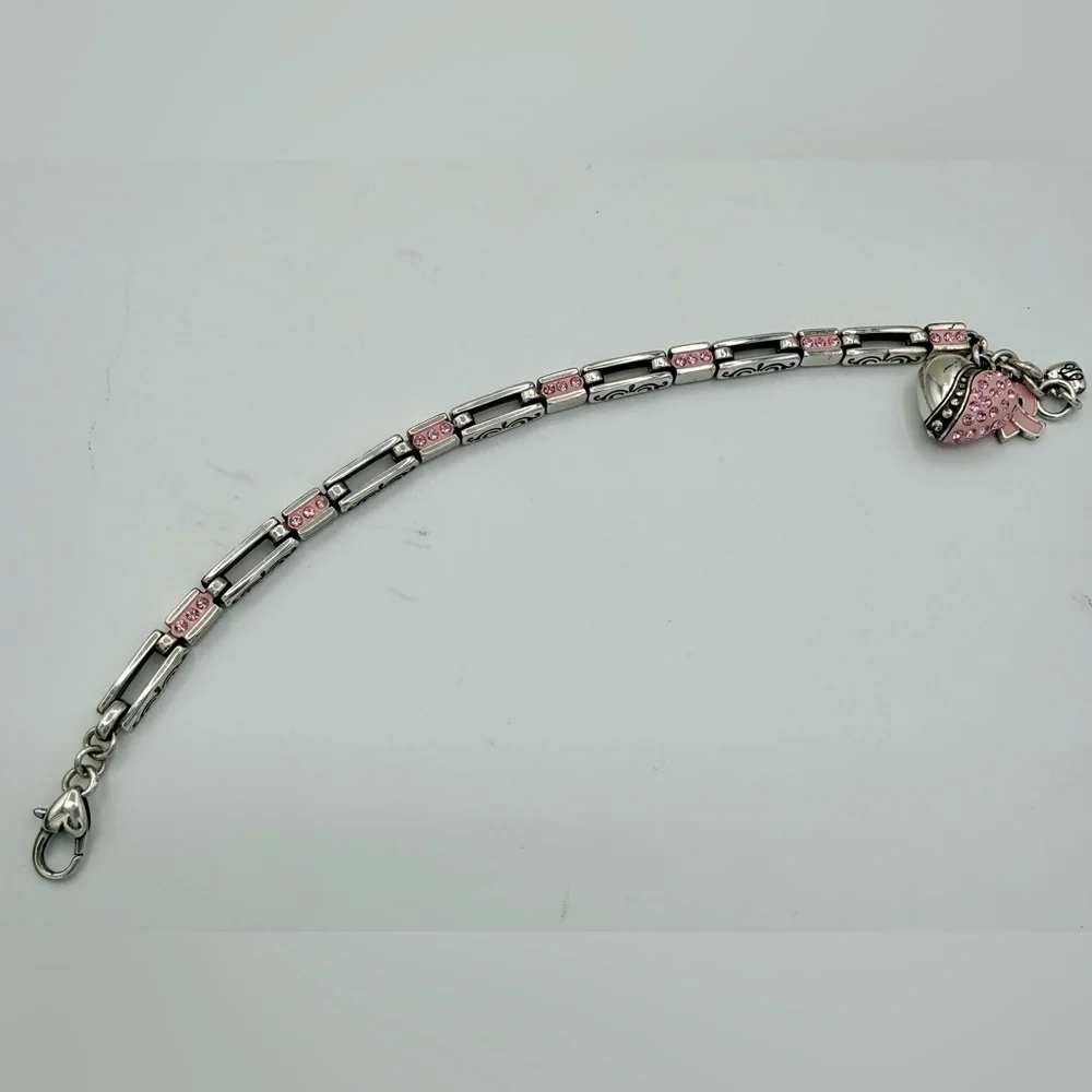 BRIGHTON Pink Ribbon Breast Cancer Awareness Charm Bracelet Silver Crystal Heart